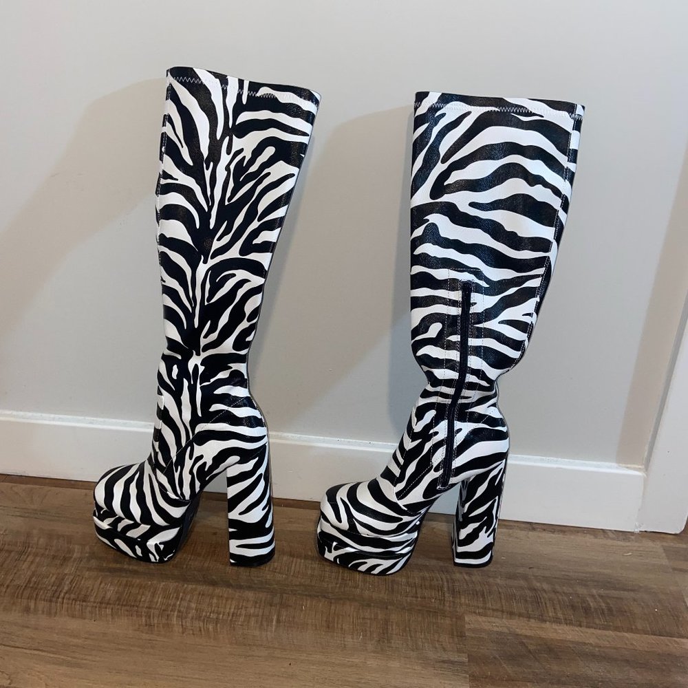 Brand New, Never Used Nasty Gal Zebra Print Knee Length Boots, Size 9